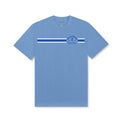 Track Stars Tee – Carolina Blue, front view with stripe detail and Running Club logo