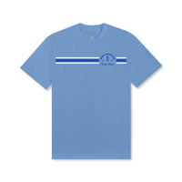 Track Stars Tee – Carolina Blue, front view with stripe detail and Running Club logo