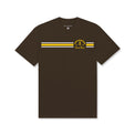 Track Stars Tee – Chocolate, front view with stripe detail and Running Club logo