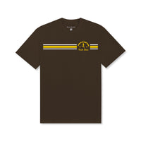 Track Stars Tee – Chocolate, front view with stripe detail and Running Club logo