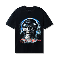 Tales Tee Black Front View – Black cotton tee featuring oversized skull graphic with glowing eyes and “40s & Shorties” text in red gothic font.