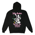 Back of black hoodie featuring cartoon-style bunny duo and bold "Silly Rabbit, Tips Are For Tricks" print.
