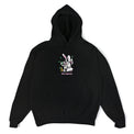 Front of black hoodie with centered graphic of two rabbits, cash, and a 40 oz bottle above 40s & Shorties branding.
