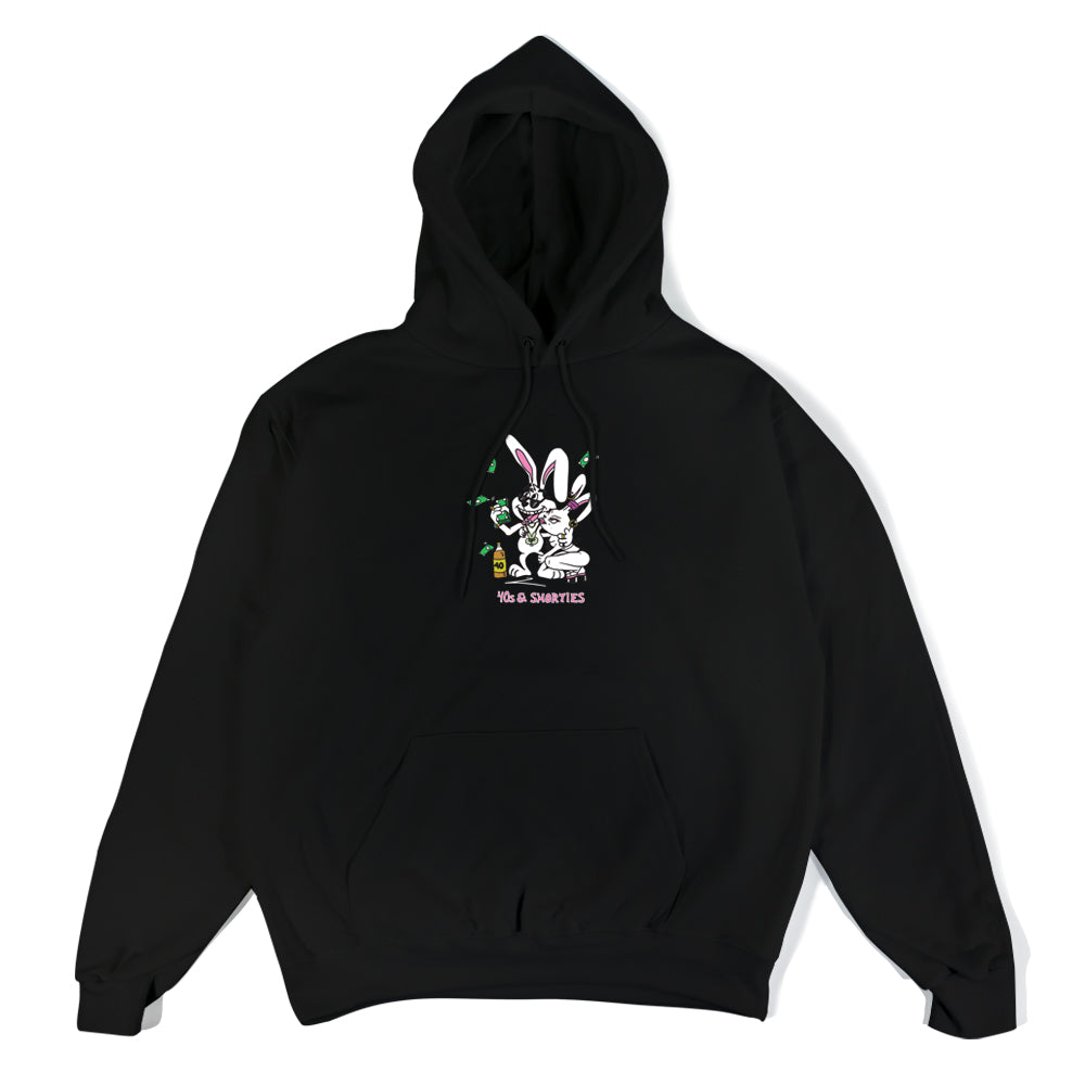Front of black hoodie with centered graphic of two rabbits, cash, and a 40 oz bottle above 40s & Shorties branding.