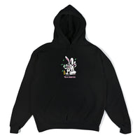 Front of black hoodie with centered graphic of two rabbits, cash, and a 40 oz bottle above 40s & Shorties branding.