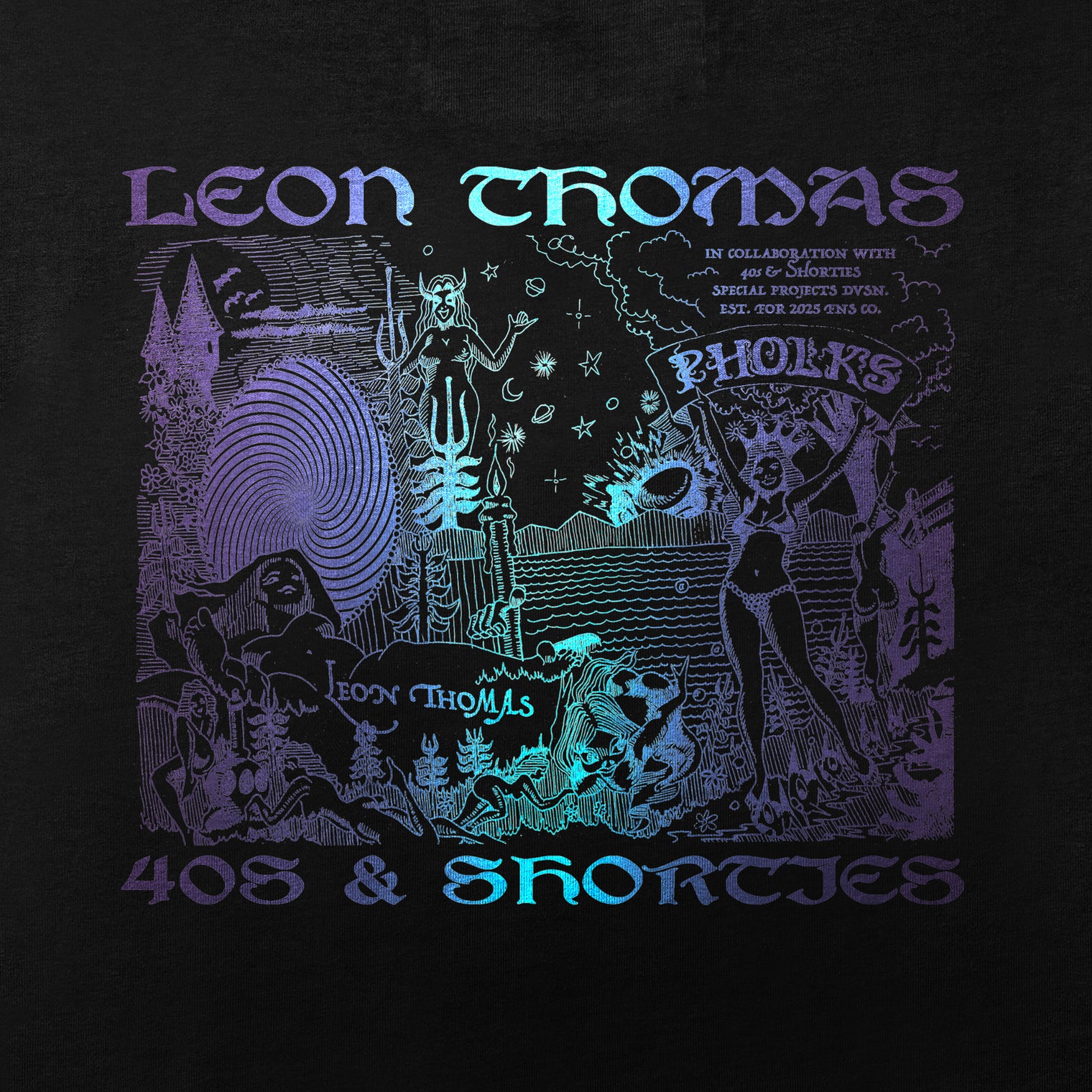 Close-up of Trippy Tee black graphic showing detailed Leon Thomas x 40s & Shorties illustration