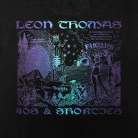 Close-up of Trippy Tee black graphic showing detailed Leon Thomas x 40s & Shorties illustration