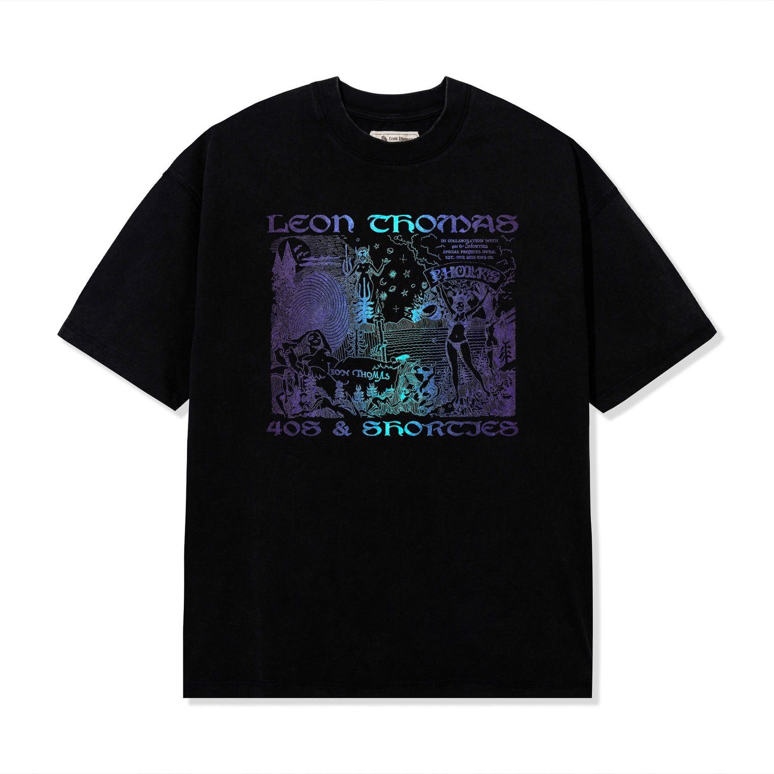 Front product shot of Trippy Tee in black featuring holographic-style screen-printed graphic
