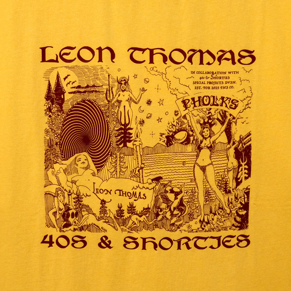Close-up of Trippy Tee front graphic showing surreal illustration and Leon Thomas x 40s & Shorties branding