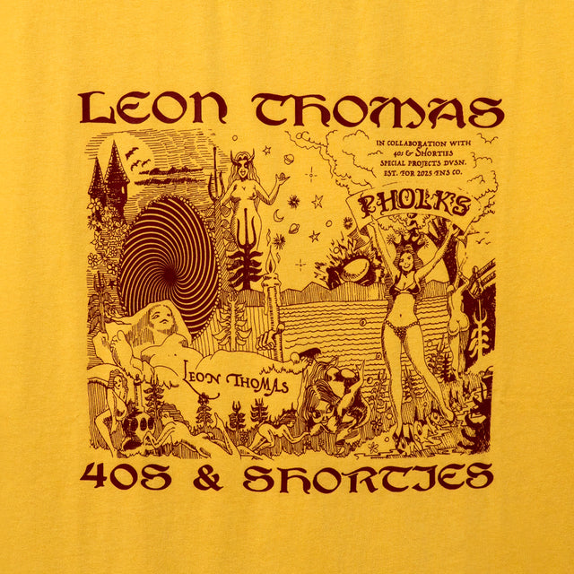 Close-up of Trippy Tee front graphic showing surreal illustration and Leon Thomas x 40s & Shorties branding