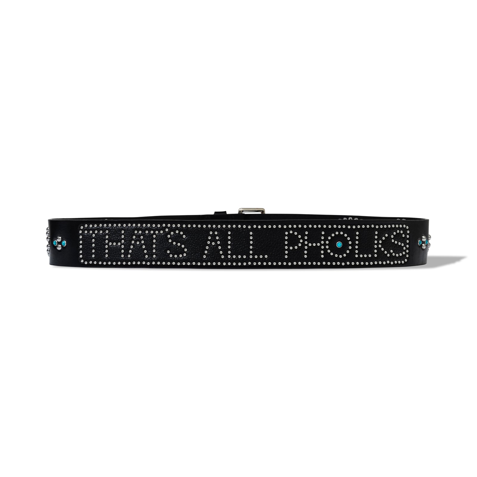 Black leather belt with metal studs spelling out 'THAT'S ALL PHOLKS' from the 40s & Shorties x Leon Thomas collab