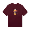 Burgundy t-shirt with center chest graphic of a 40oz malt liquor bottle labeled "40s & Shorties", flanked by two women in lingerie.