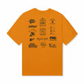 Full back view of the Grid Tee in tangerine with mixed graphic layout.
