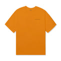 Full front view of the Grid Tee in tangerine with minimalist chest logo.