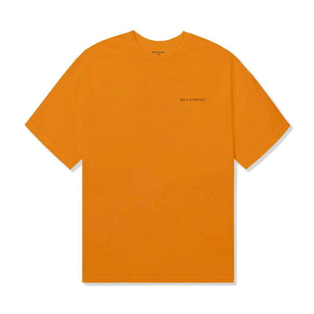 Full front view of the Grid Tee in tangerine with minimalist chest logo.